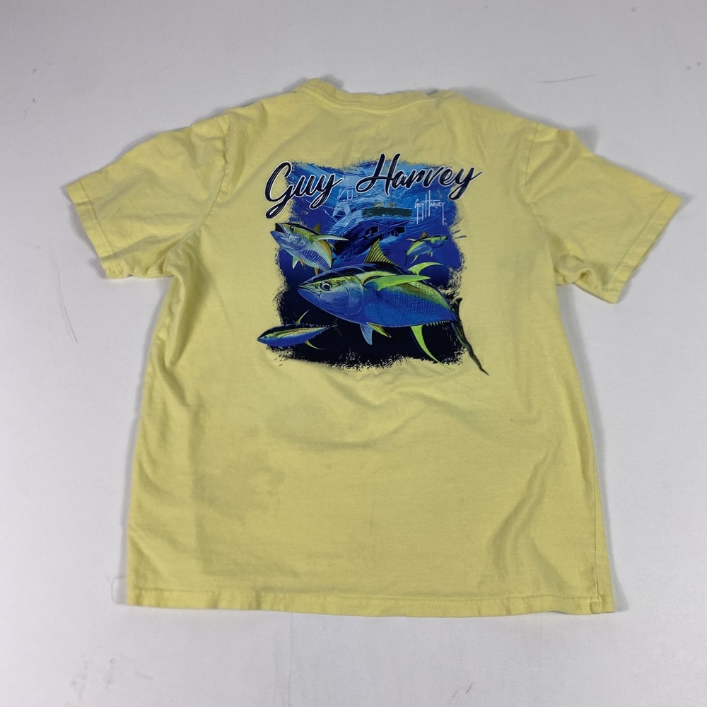 Guy Harvey Shirt Mens Medium Yellow Tuna Fish Graphic Pocket Mahi Fishing Tee